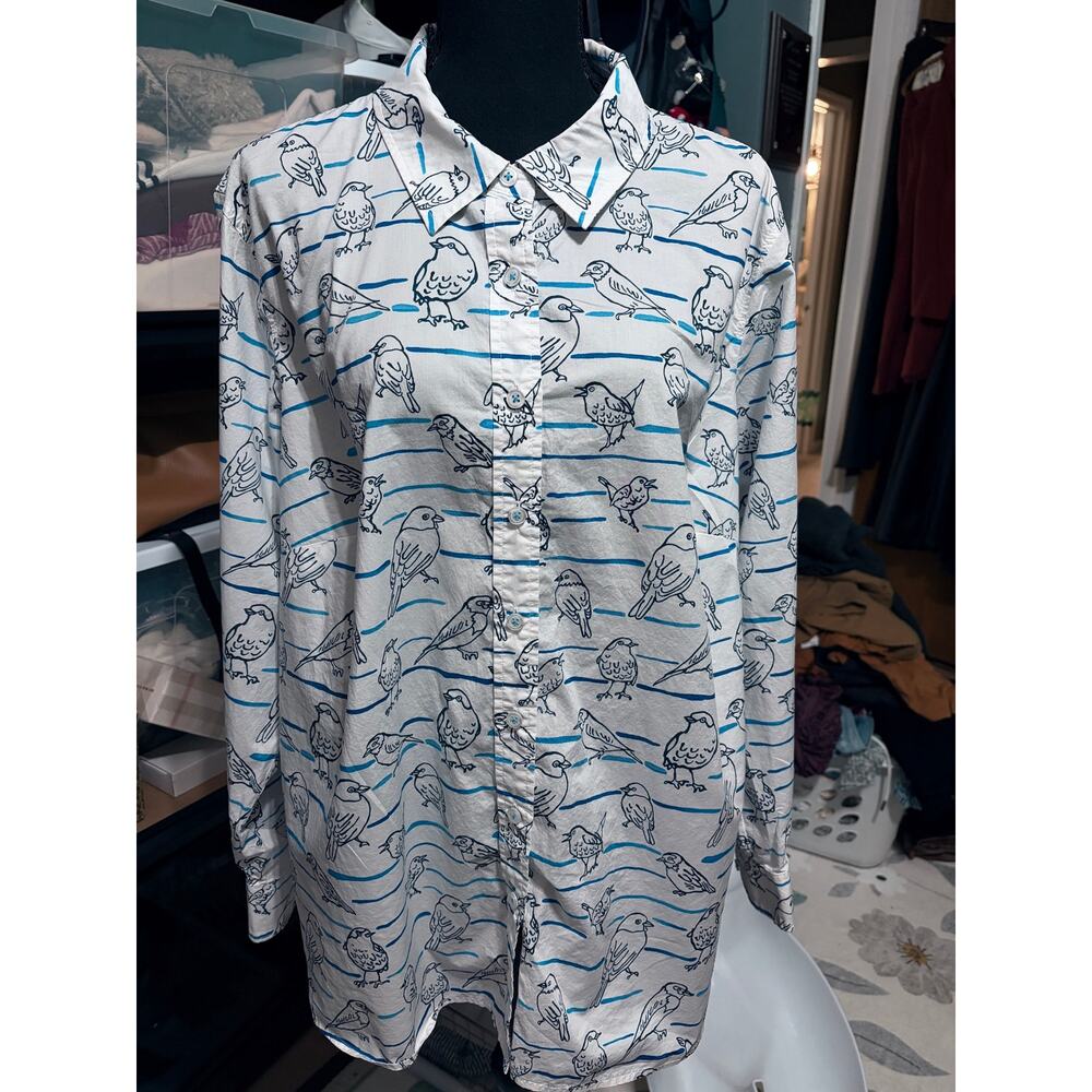Talbots Plus 2X Bird Print Button Down Shirt Blue White Cotton Blouse - Picture 2 of 6